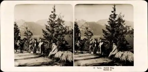 Stereo Foto Tatra, Klotildweg, Frau auf einem Pferd, Wanderer