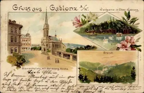 Litho Jablonec nad Nisou Gablonz an der Neiße Region Reichenberg, Brandl, Bismarckplatz, Kirche