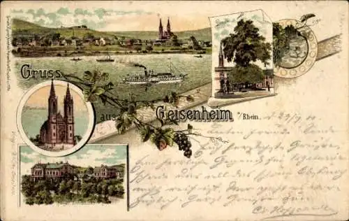 Litho Geisenheim am Rhein Hessen, Stadtansicht, Dampfer, Linde, Kirche