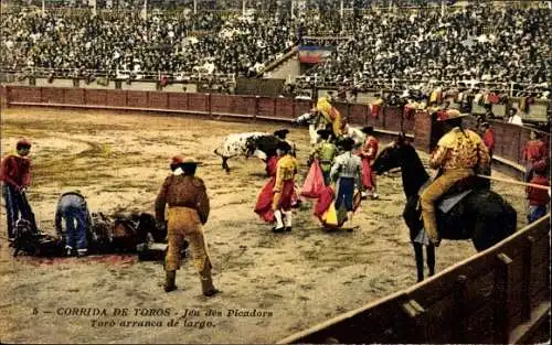 Ak Bullfight, Jeu des Picadors, Bull startet lange