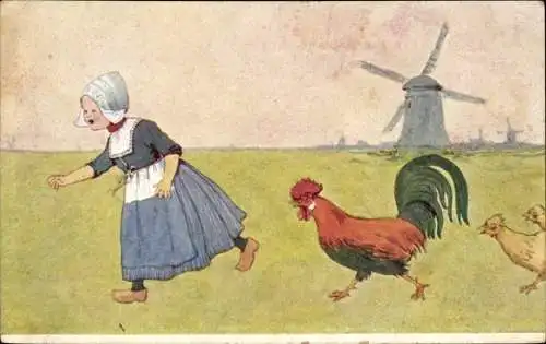 Litho Mädchen von Hühnern gejagt, Niederländische Tracht, Windmühle