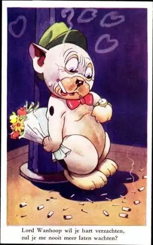 Künstler Ak Studdy, Bonzo der Hund mit Blumenstrauß, Zigaretten