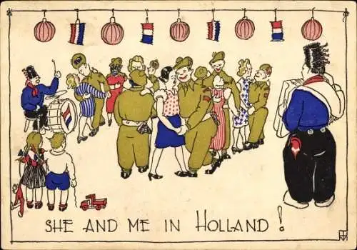 Künstler Ak Niederlande, tanzende Paare, Soldaten, Frauen