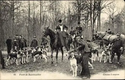 Ak Jagd im Wald von Rambouillet, Reiter, Hundemeute