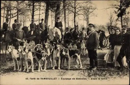 Ak Jagd im Wald von Rambouillet, Jagdgesellschaft, Hundemeute von Bonnelles