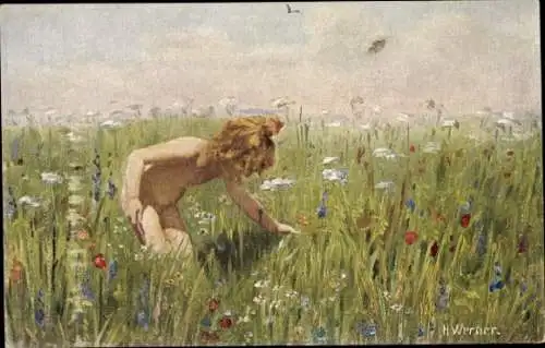 Künstler Ak Werner, H., Blume unter Blumen, Kind auf Blumenwiese