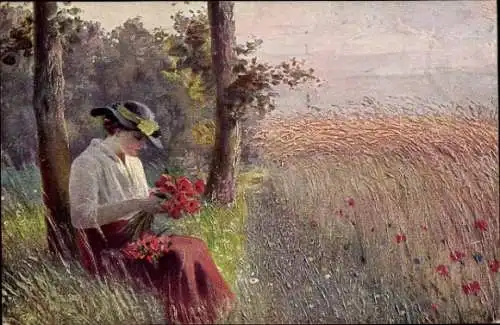 Künstler Ak Rumpel, Karl, Blumen wand sie ihm zum Strauß, Frau mit Mohnblumen am Feldrand