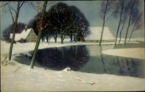 Künstler Ak Itecker, F., Winter am Fluss, Schnee, Wohnhäuser