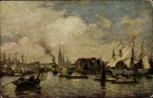 Künstler Ak Runge, I., Hafen, Segelschiff, Ruderboote