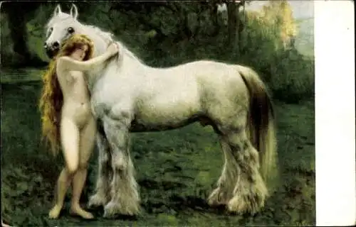 Künstler Ak Styka, Jan, Gute Freunde, Nackte Frau umarmt Pferd