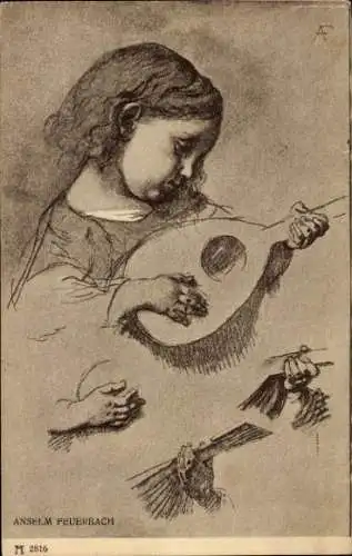Künstler Ak Feuerbach, A., Kind spielt Laute