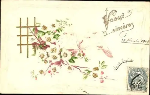 Präge Litho Blumenstrauß, Weiße Blumen, Kitsch