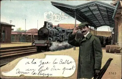 Ak Französische Eisenbahn, Bahnhof, Bahnsteig, Reisender