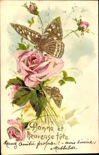 Präge Litho Glückwunsch, Blühende Rose, Schmetterling