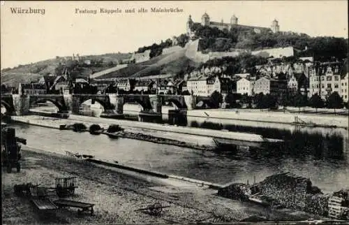 Ak Würzburg am Main Unterfranken, Festung Käppele, alte Mainbrücke
