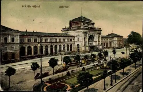 Ak Mannheim in Baden, Bahnhof, Straßenbahn