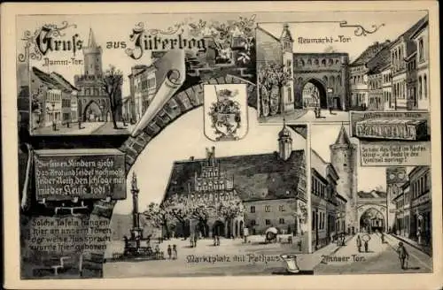 Ak Jüterbog in Brandenburg, Neumarkt-Tor, Damm-Tor, Marktplatz, Rathaus, Zinnaer Tor