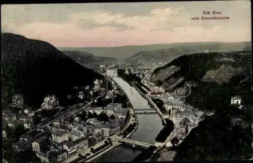 Ak Bad Ems an der Lahn, Blick vom Concordiaturm, Brücke