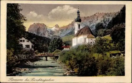 Ak Ramsau im Berchtesgadener Land Oberbayern, Kirche, Brücke