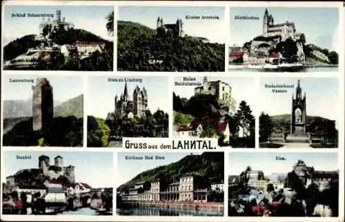 Ak Balduinstein an der Lahn, Schloss Schaumburg, Kloster Arnstein, Dietkirchen, Laurenburg, Diez