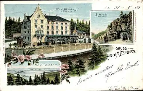 Litho Münstertal Elsaß Haut Rhin, Hotel Altenberg , Schlucht, Nebelmeer