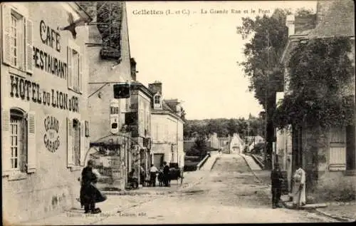 Ak Cellettes Loir et Cher, La Grande Rue et le Pont, Café, Hotel du Lion d’Or