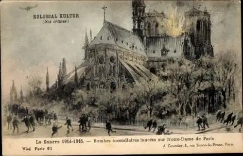 Künstler Ak Paris VI, Brandbomben, Kirche Notre Dame