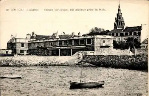 Ak Roscoff Finistère, Biologische Station, Gesamtansicht von Mole aus