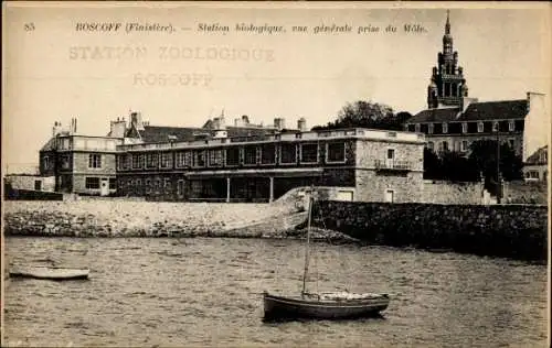 Ak Roscoff Finistère, Biologische Station, Gesamtansicht von Mole aus