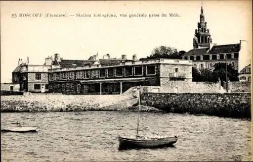 Ak Roscoff Finistère, Biologische Station, Gesamtansicht von Mole aus