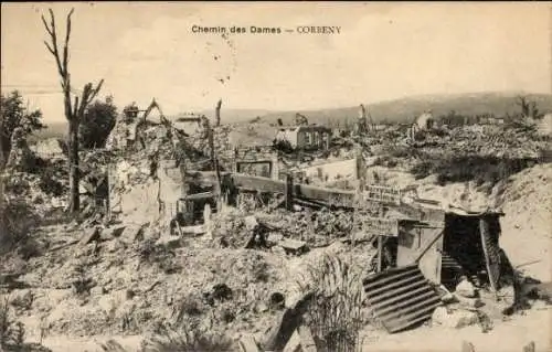 Ak Corbeny Aisne, Chemin des Dames, zerstörte Häuser