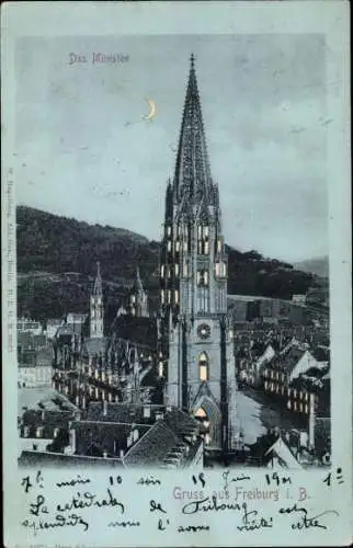 Ak Freiburg im Breisgau, Münster bei Nacht