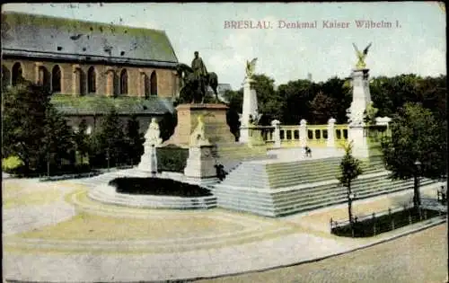 Ak Wrocław Breslau Schlesien, Denkmal Kaiser Wilhelm I., Reiterstandbild, Kirche