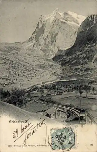 Ak Grindelwald Kanton Bern, Gesamtansicht, Bergspitzen, Zahnradbahn