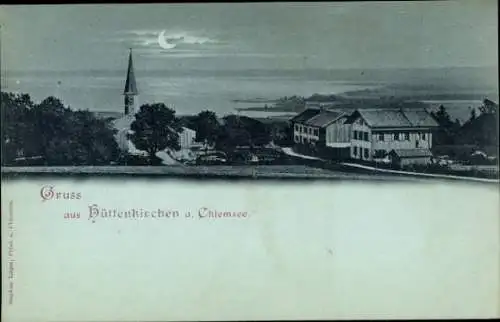 Mondschein Ak Hüttenkirchen Hittenkirchen Bernau am Chiemsee, Ortsansicht, Kirche