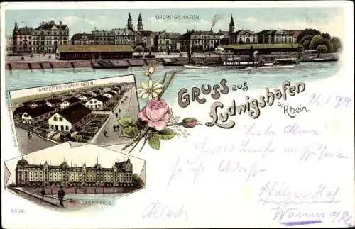 Litho Ludwigshafen am Rhein, Arbeiter Wohnungen, Lagerhaus, Stadtansicht