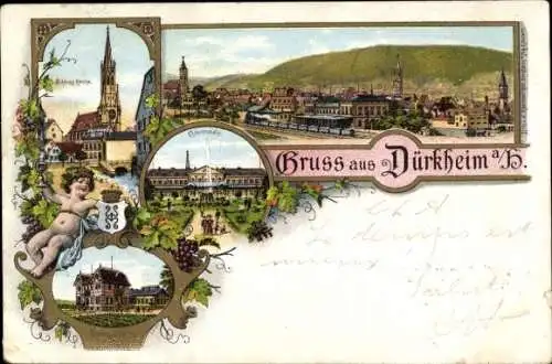 Litho Bad Dürkheim in der Pfalz, Bahnhof, Gleisseite, Schlosskirche, Kolonnade