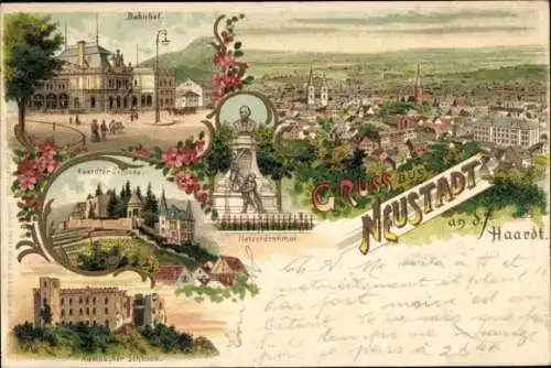 Litho Neustadt an der Weinstraße, Hetzeldenkmal, Haardter Schloss, Bahnhof, Hambacher Schloss