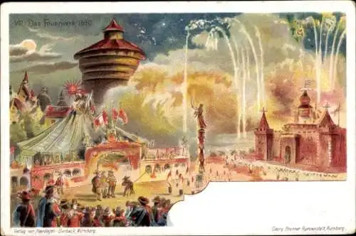 Litho Nürnberg in Mittelfranken Bayern, Das Feuerwerk 1650, Stadtansicht