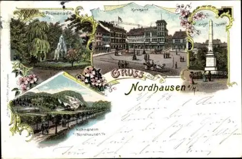 Litho Nordhausen am Harz, Kriegerdenkmal, Kornmarkt, Promenade