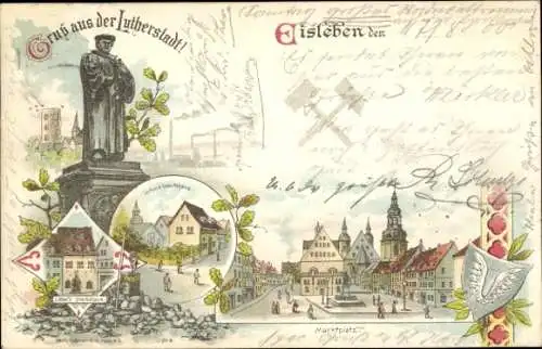 Litho Lutherstadt Eisleben, Wappen, Luther-Denkmal, Marktplatz