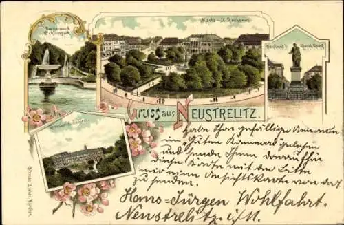 Litho Neustrelitz in Mecklenburg, Markt, Rathaus, Denkmal, Schlosspark