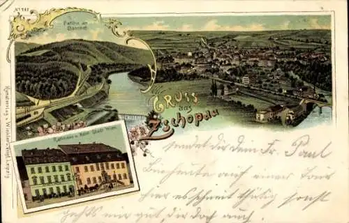 Litho Zschopau im Erzgebirge Sachsen, Gesamtansicht, Rathaus, Hotel Stadt Wien, Bahnhof