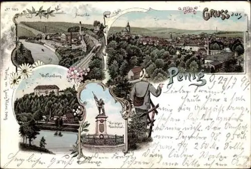 Litho Penig in Sachsen, Amerika, Wolkenburg, Kriegerdenkmal, Stadtpanorama