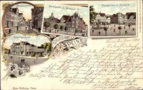 Litho Peine in Niedersachsen, Stederdorfer Straße, Marktplatz, Breitestraße, Schützenhaus, Denkmal