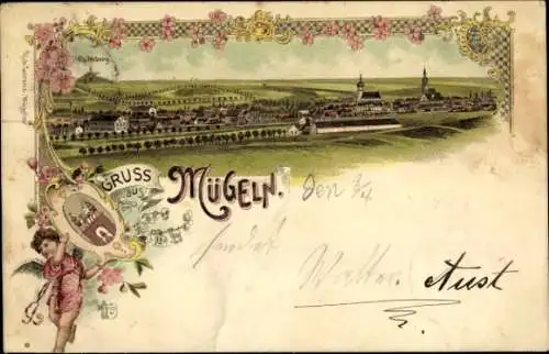 Litho Mügeln in Sachsen, Gesamtansicht, Engel, Wappen