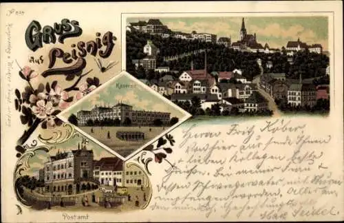 Litho Leisnig an der Freiberger Mulde Sachsen, Kaserne, Postamt, Panorama