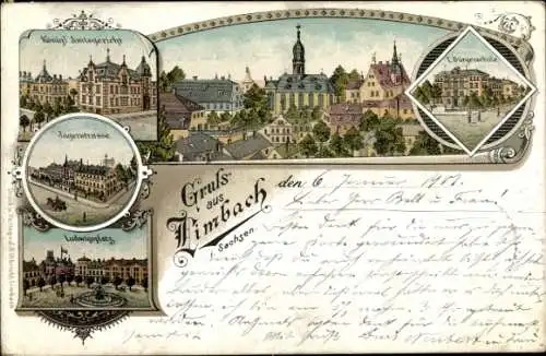 Litho Limbach Oberfrohna Sachsen, Jägerstraße, Ludwigsplatz, Bürgerschule I, Amtsgericht