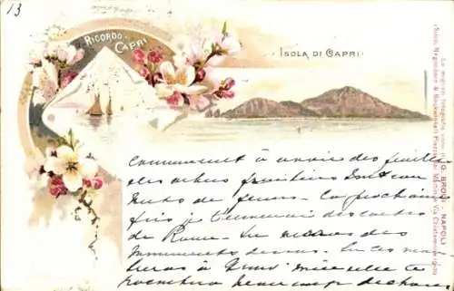 Litho Capri Neapel Campania, Segelboote, Inselblick