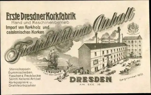 Ak Dresden, Erste Dresdner Korkfabrik, Am See 16, Friedrich Woldemar Anhalt